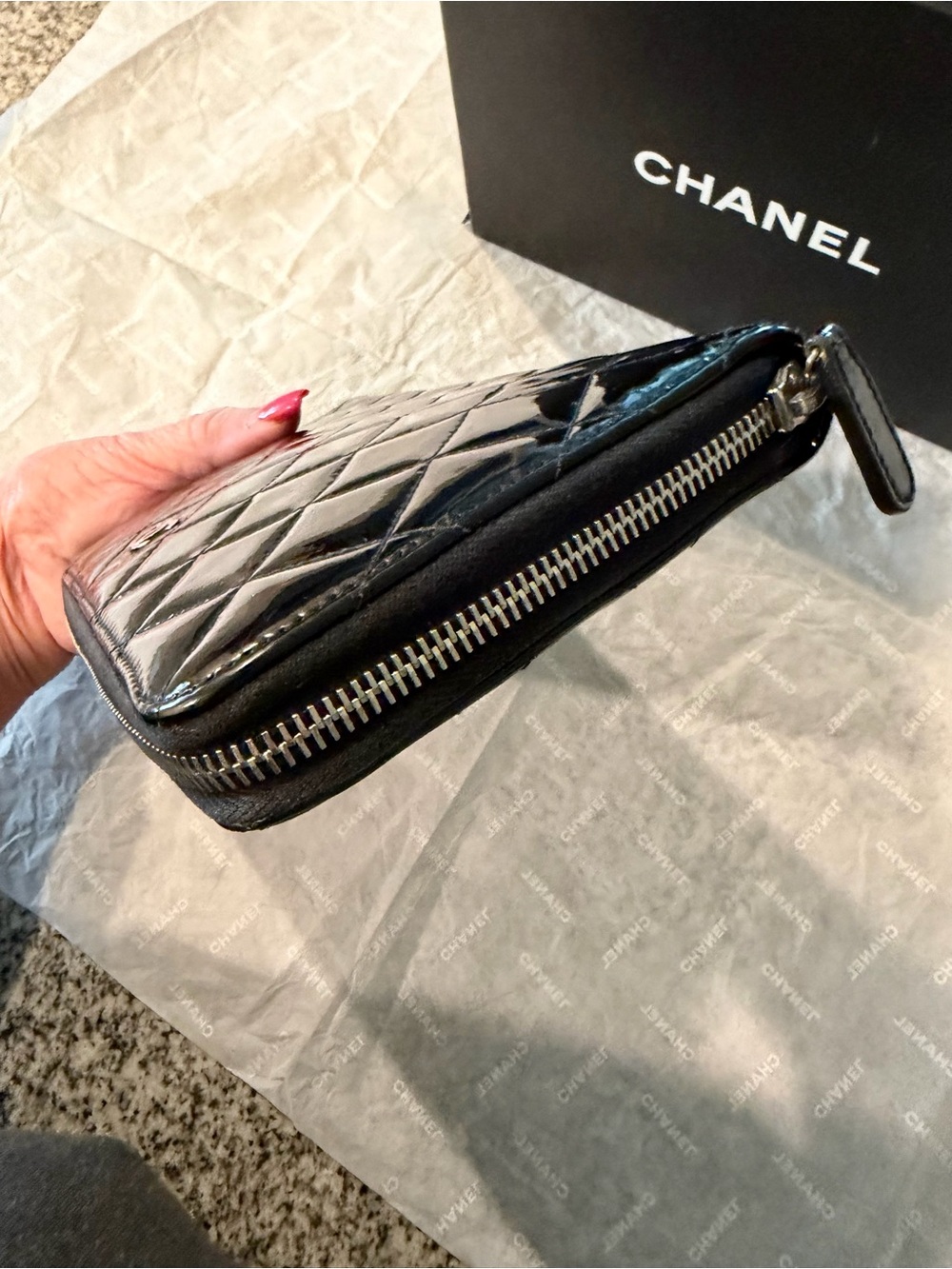 CHANEL Black Quilted Patent Zip-Around Organizer Wallet - Picture 6 of 11